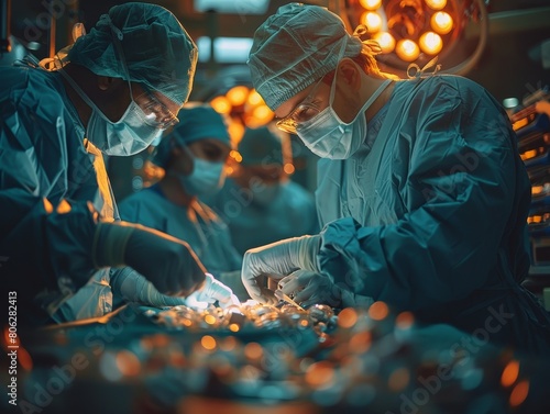 The photo shows a team of surgeons in an operating room