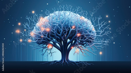 Human brain in the form of a tree with glowing lights