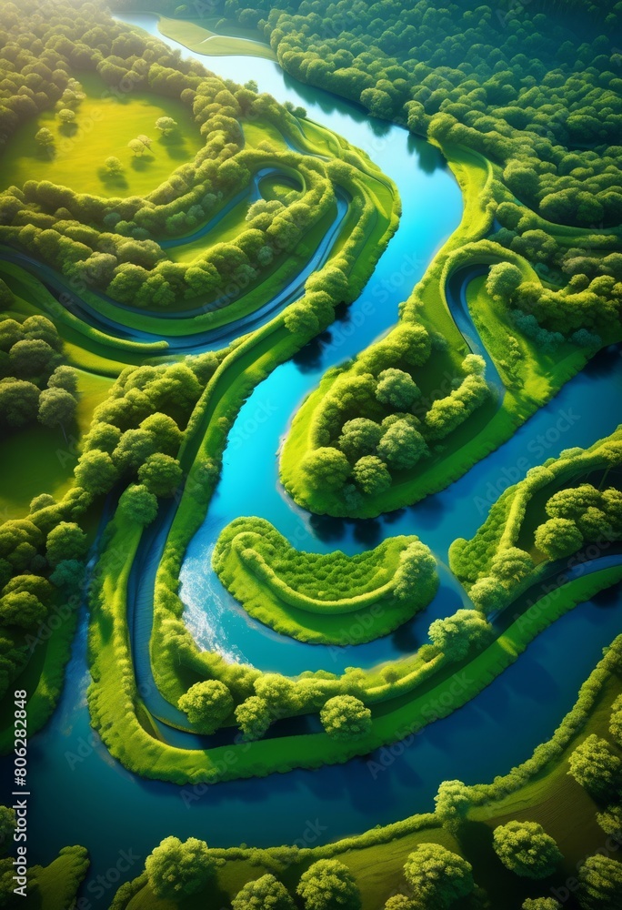 illustration, majestic aerial perspective meandering river winding through landscape, view, water, nature, scenic, flow, curves, drone, outdoor, environment illustration, majestic aerial perspective meandering river winding through landscape, view, water, nature, scenic, flow, curves, drone, outdoor, environment