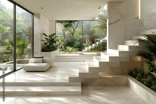 A serene white living room with floor-to-ceiling windows overlooking a lush garden, featuring a marble staircase