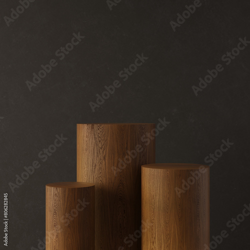 Wooden abstract podium for product demonstration. Oak pedestal on dark background