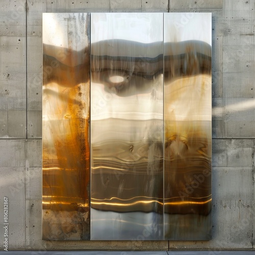 A large metal wall art with a brown and silver color.