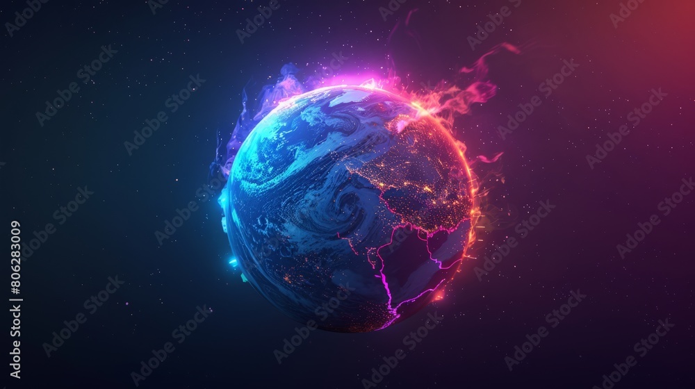 Fototapeta premium Vivid cosmic disaster scene, Earth affected by seismic waves, highlighting urgent environmental concerns