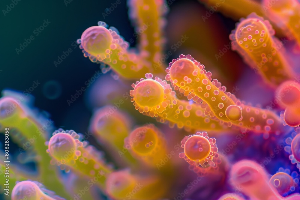 bacterial dynamics, featuring orange bacillus with blue highlights in a simulated environment, encouraging a deeper understanding of microbiological processes bacterial dynamics, featuring orange bacillus with blue highlights in a simulated environment, encouraging a deeper understanding of microbiological processes