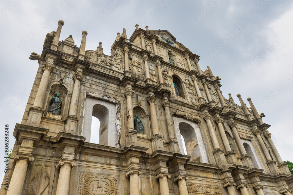 Macao - 12 April, 2024: Ruins of St. Paul's Church Popular tourist attraction in Macau. Macao - 12 April, 2024: Ruins of St. Paul's Church Popular tourist attraction in Macau.