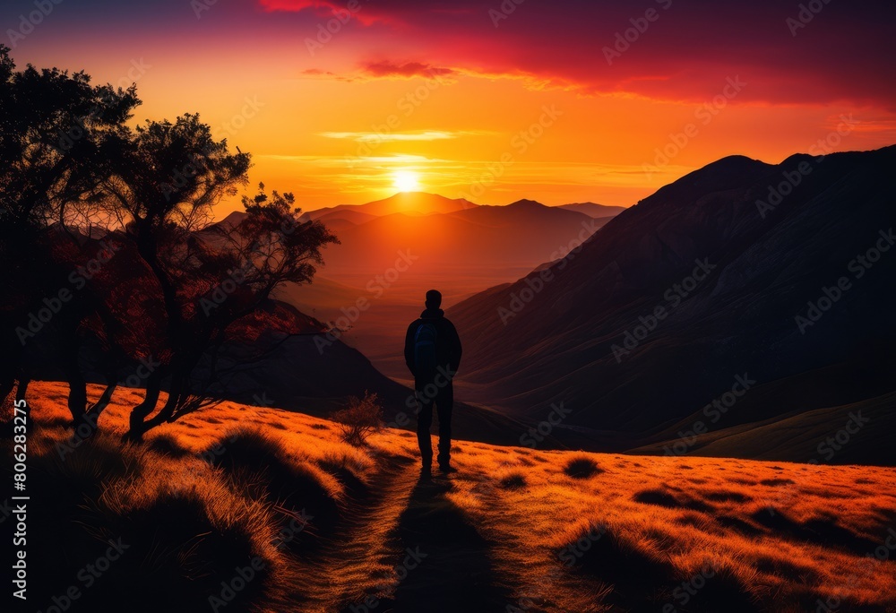 illustration, vibrant sunset silhouette person profiled outdoors nature landscape, dusk, figure, individual, scenery, bright, outlined, evening, shadow