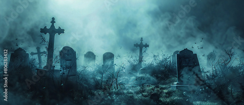 Eerie mist surrounds ancient tombstones in a haunted graveyard at night, creating a chilling atmosphere. photo