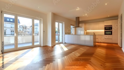 Modern open concept dining room and kitchen in a new home with white walls and parquet floors. Concept Open Concept Design, Modern Home, Dining Room, Kitchen, White Walls, Parquet Floors