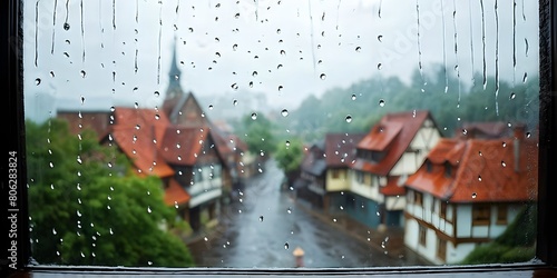 raindrops tracing paths down a large window with village with half timbered houses in background out of focus photo