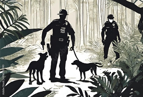 Silhouette of a detective with thier detective dog in the jungle photo