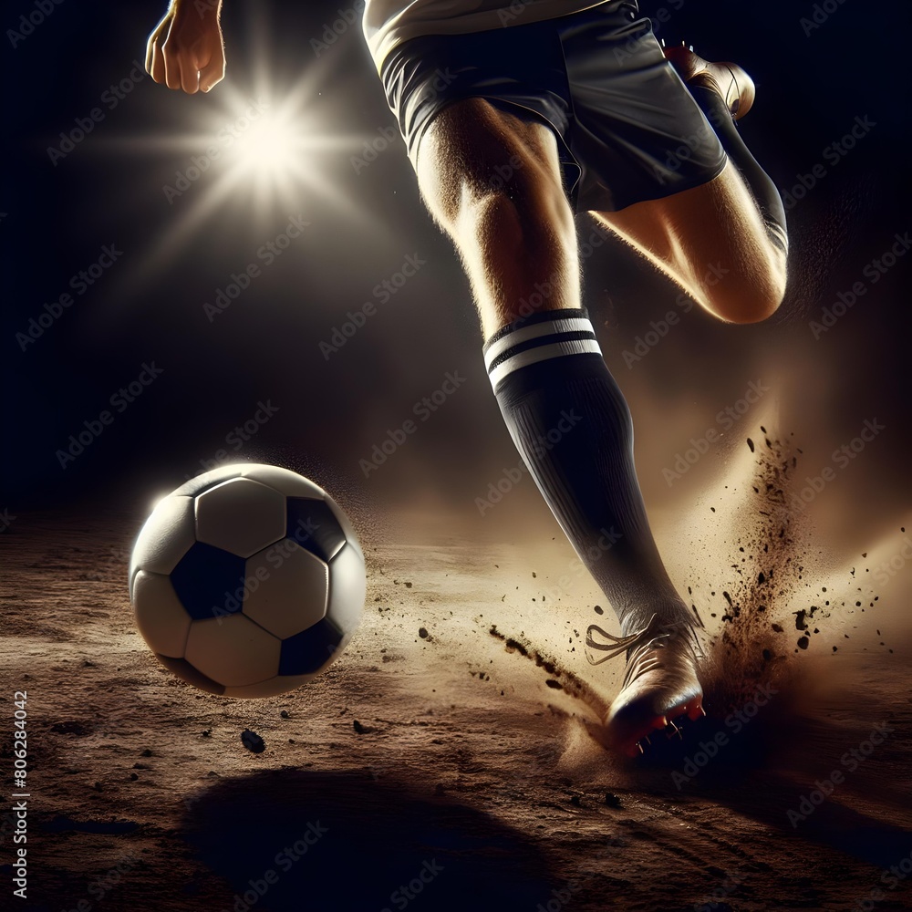 a soccer player kicking a soccer ball, only legs and soccer ball visible, dramatic lighting, dirt being kicked up from the football ground