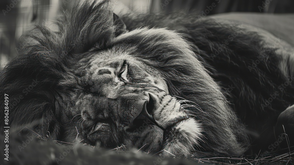 A stunning black and white photograph capturing the serene moment of a lion at rest in a natural setting The image evokes tranquility and the wild's beauty A stunning black and white photograph capturing the serene moment of a lion at rest in a natural setting The image evokes tranquility and the wild's beauty