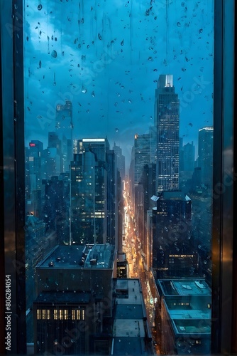 raindrops tracing paths down a large window with illuminated cityscape in background out of focus