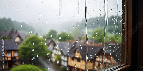 raindrops tracing paths down a large window with village with half timbered houses in background out of focus