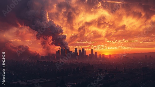 Fiery skyline after a major earthquake, dramatic representation of urban devastation. photo