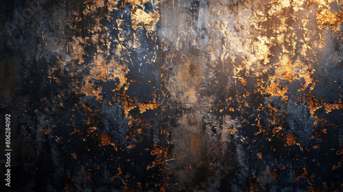 A wall with a lot of rust and gold paint