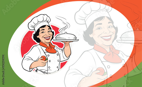 Cartoon character, woman mascot, chef with tray in vector.