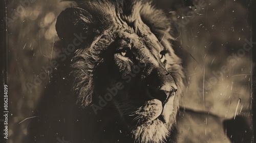 A lion's deeply expressive eyes are captured in sepia tones, emphasizing the timeless nobility of the beast photo