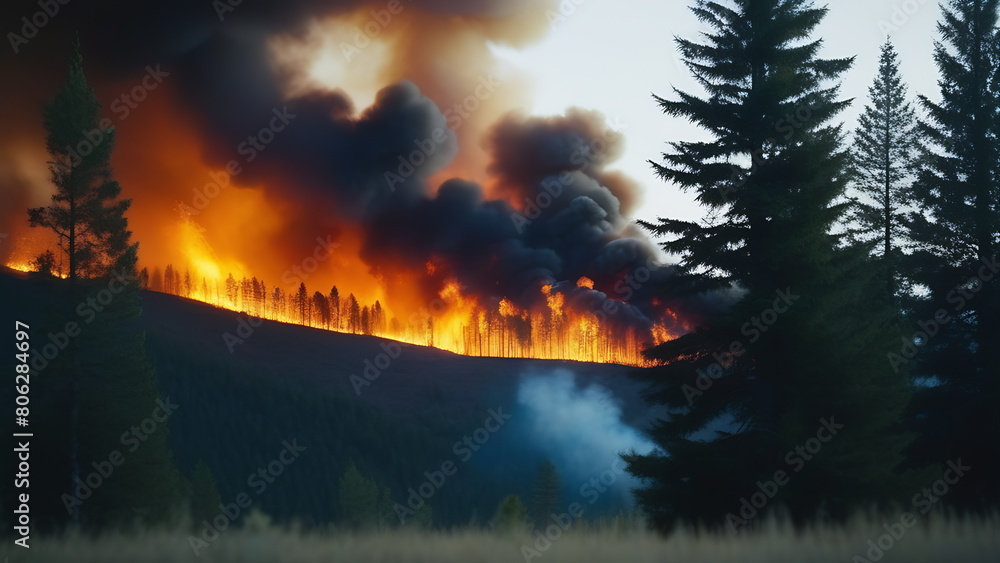 Fire in a large spruce forest