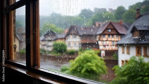 raindrops tracing paths down a large window with village with half timbered houses in background out of focus