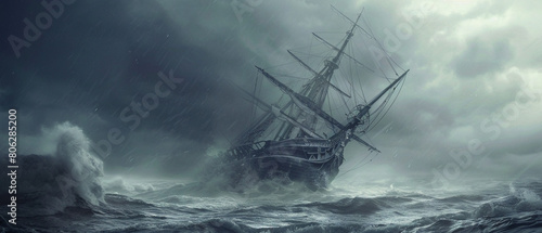 Eerie shipwreck on turbulent waters, captured in raw style with Haunted shipwreck on a stormy sea. photo
