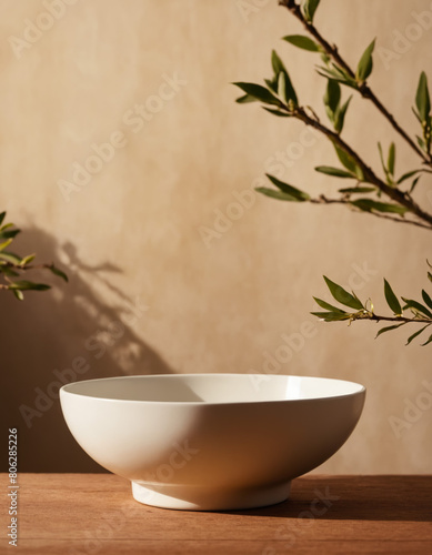 Close up of a white ceramic bowl on a wooden tabletop. Branches with green leaves on minimalist abstract background with space for text. Banner mockup template for product presentation.