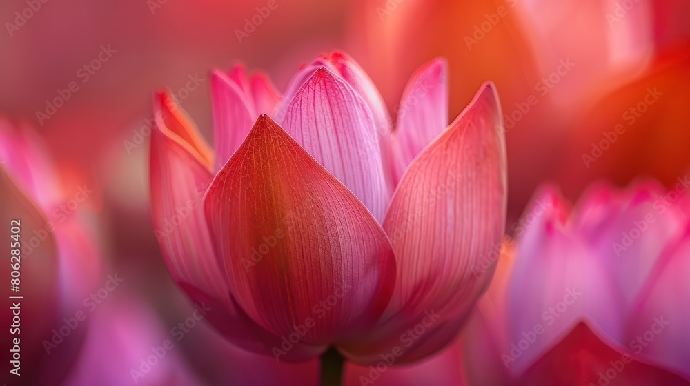 Fototapeta premium A single crimson lotus flower (Nelumbo nucifera) elegantly stands out with a soft, diffused background highlighting its beauty