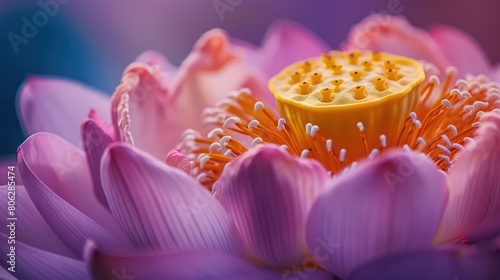 The stunning macro shot captures the vibrant texture and color of a lotus pod nestled among soft petals