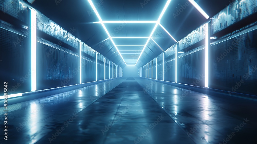 The image is a dark tunnel with blue and white lights on the walls and floor