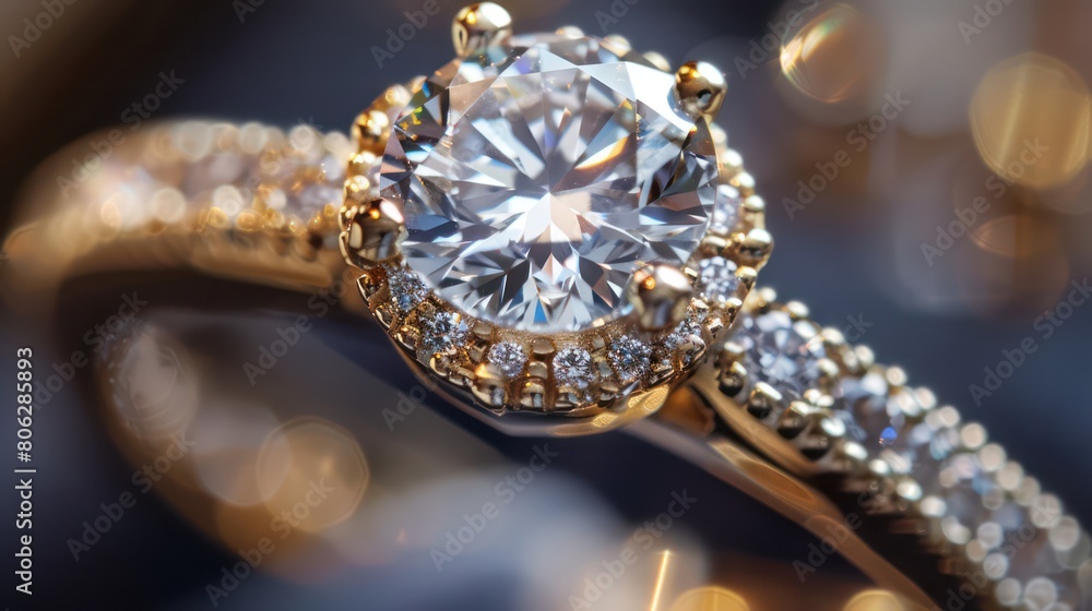 A luxurious image showcasing an elegant engagement ring with a halo diamond setting and intricate details A luxurious image showcasing an elegant engagement ring with a halo diamond setting and intricate details