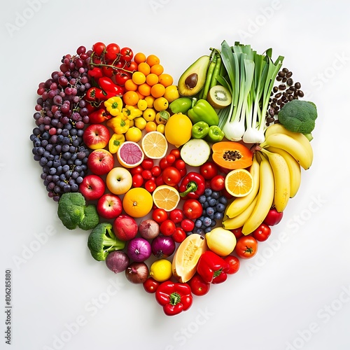 A heart made out of various fruits and vegetables including apples  bananas  oranges  and broccoli.