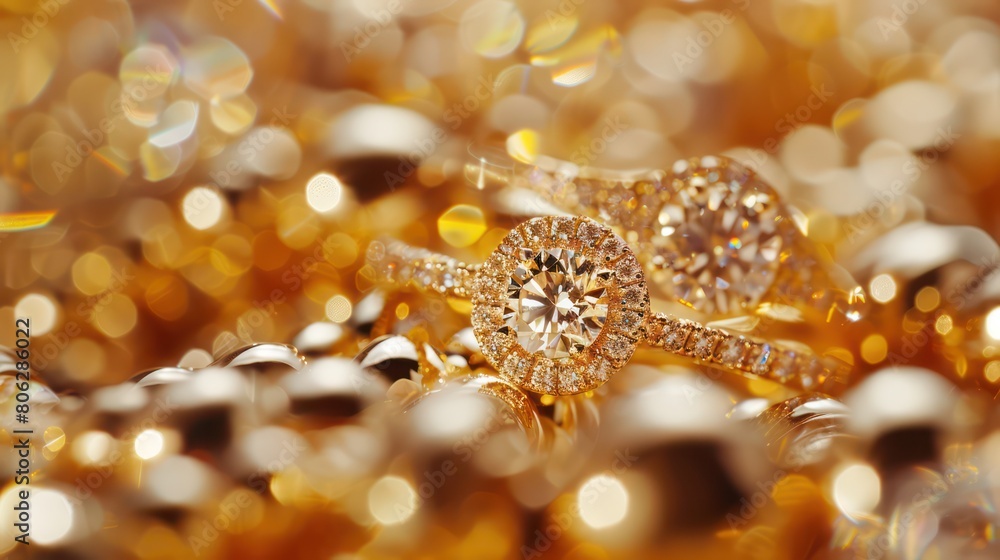 A radiant golden diamond ring lies amidst a sea of reflective beads, creating a warm, opulent image of luxury A radiant golden diamond ring lies amidst a sea of reflective beads, creating a warm, opulent image of luxury