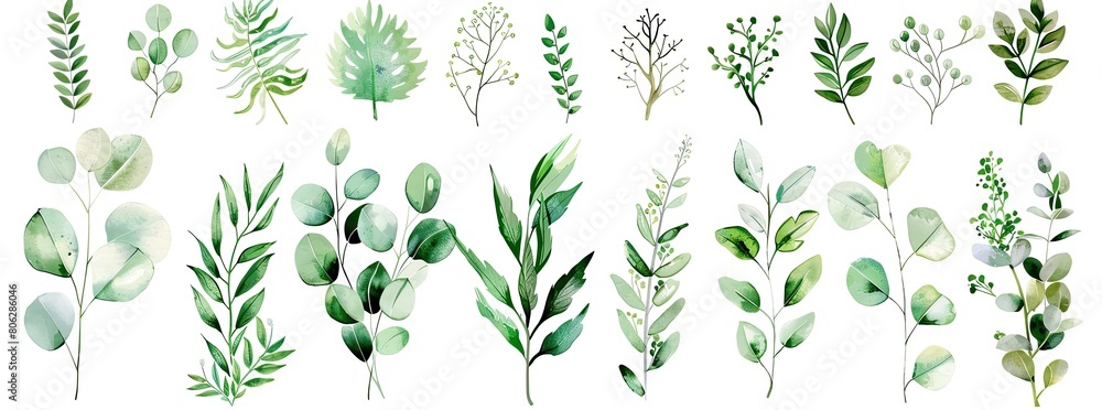 Set of lush green watercolor leaves on a white background