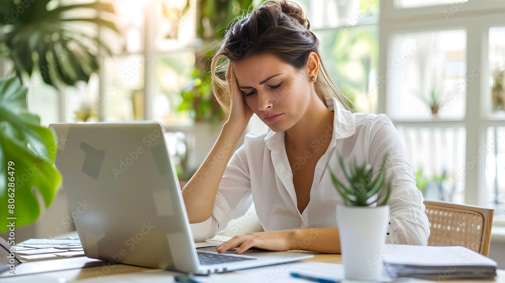 Fototapeta premium Stressed young woman working from home on laptop. Conceptualizing remote work challenges. Modern casual style, bright indoor setting. AI