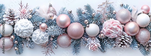  Luxurious Christmas garland adorned with pastel baubles and pinecones on a backdrop of frosted greenery. photo