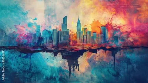 Colorful and chaotic city skyline on dripping earth  representing urban decay from seismic disruptions