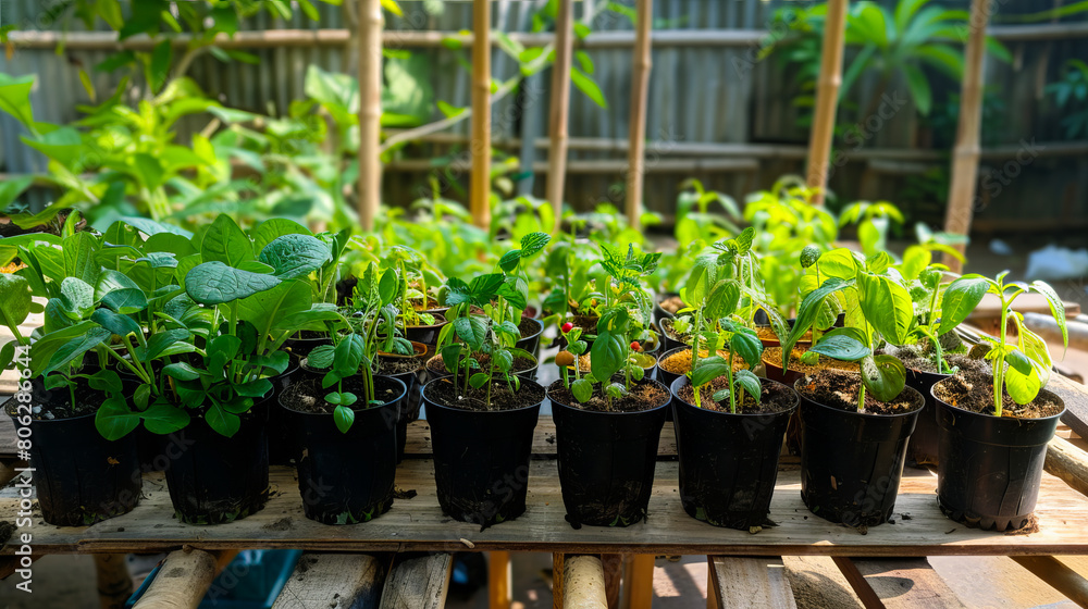 A tray of plants in pots on a wooden table. A tray of plants in pots on a wooden table.