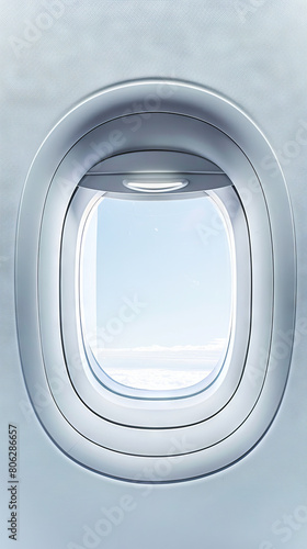 An airplane window with a view of the sky.