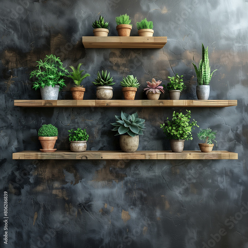 Wall decoration with Plants in pots. Wooden shelves with beautiful plants on gray background 