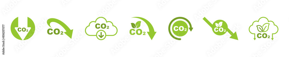 Set of co2 emission vector icons. Cloud with carbon dioxide. Reduce pollution air. Reduction exhaust or smoke. Set of co2 emission vector icons. Cloud with carbon dioxide. Reduce pollution air. Reduction exhaust or smoke.