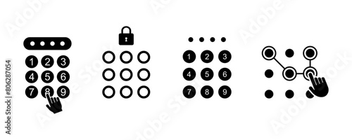 Set of pin code vector icons. Black icons with enter password. Vector 10 Eps.