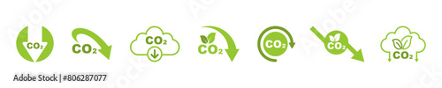 Set of co2 emission vector icons. Cloud with carbon dioxide. Reduce pollution air. Reduction exhaust or smoke.
