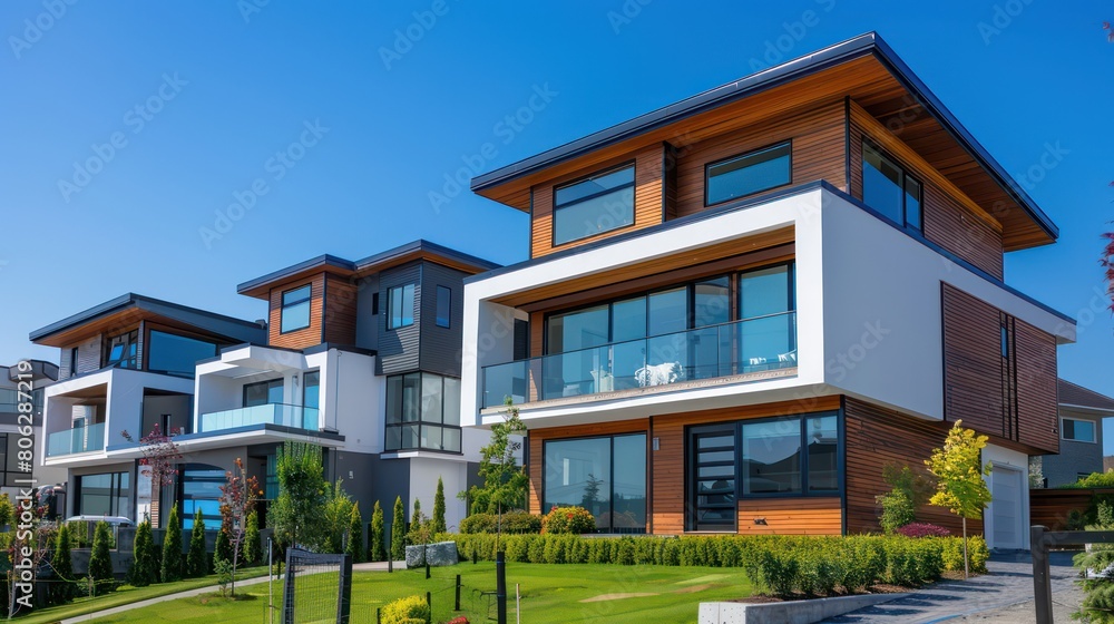 A striking image of a luxurious modern house with a pristine green lawn under a clear blue sky, indicating opulence A striking image of a luxurious modern house with a pristine green lawn under a clear blue sky, indicating opulence