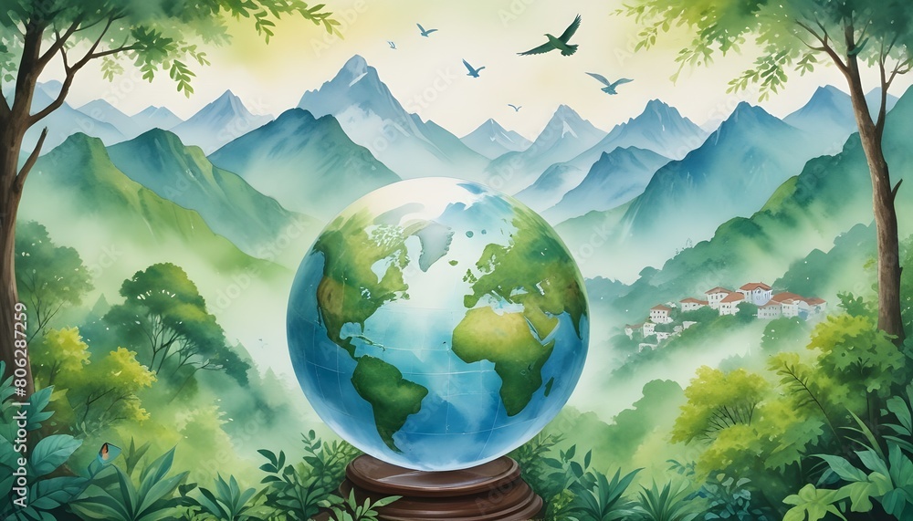 World environment day with trees birds mountains buildings water blue sky clouds and world globe behind all of them natural background