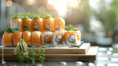 Foto de sushi en miniatura creada por inteligencia artificial. Concept Miniature Sushi, Artificial Intelligence, Food Photography photo