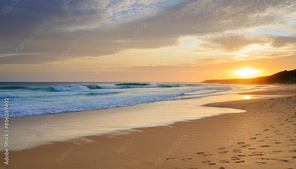 a peaceful beach scene at sunset