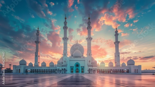 Majestic mosque with minarets and domes at sunset. Islamic architecture with sunset skies. photo
