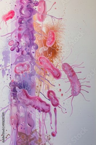 Artistic interpretation of pink and purple bacillus bacteria in dynamic motion with splashes. Convey the movement and fluidity of bacillus bacteria in an artistic, splashy style photo
