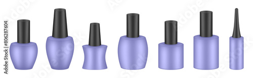 UV gel nail polish bottles. Set of black and purple bottles. Nail laquer or uv gel. Realistic packaging mockup. Manicure kit