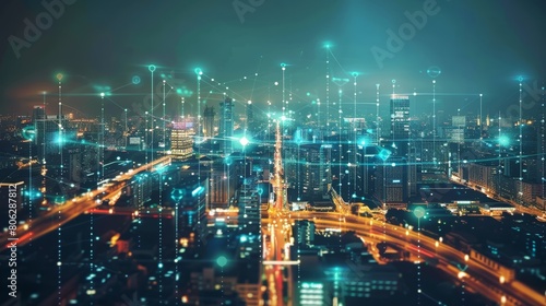 Futuristic cityscape at night with digital network connections. Long exposure shot with illuminated urban skyline